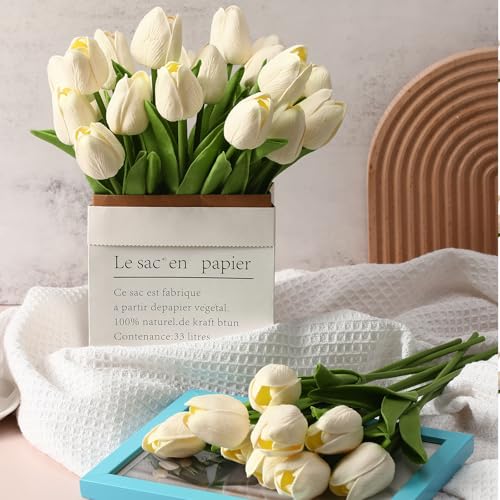 Janinka 75pcs Artificial Tulip Flowers Fake PU Tulips Faux Latex Bouquet Flower Centerpieces Arrangement Floral for Wedding Spring Decorations (1 Head,Milk White) - color: Milk White