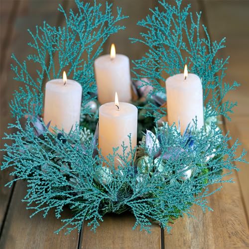 Winlyn 15 Pcs Teal Glitter Artificial Cedar Picks Sprays Christmas Floral Picks Faux Cedar Branches Stems Teal Christmas Tree Picks 15.4" H for Floral Arrangement Wreath Swag Winter Centerpiece - color: Teal