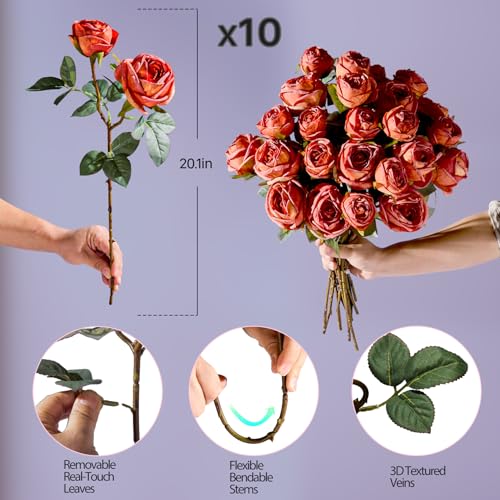 20pcs Faux Roses Silk Fake Rose Flowers with Stems Real Look Valentines Floral Artificial Rose Bouquet Decorations for Wedding Anniversary Arrangement (Brick Red) - color: Brick Red