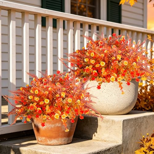Artificial Flowers for Outdoor Indoor Decoration, Faux Flower Daisy with Eucalyptus Leaves Fake Plants Dried Flower Greenery Boxwood Porch Patio, 12 Bundles (Orange Yellow Burgundy) - color: Orange Yellow Burgundy