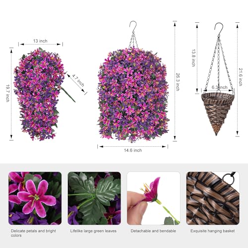 Hoppwodd Artificial Flower for Outdoors 4pcs Fake Lily Hanging Flower Baskets for Outside UV Resistant Silk Faux Long Trailing Vines for Garden Porch Patio, Fuchsia & Purple - color: Fuchsia & Purple