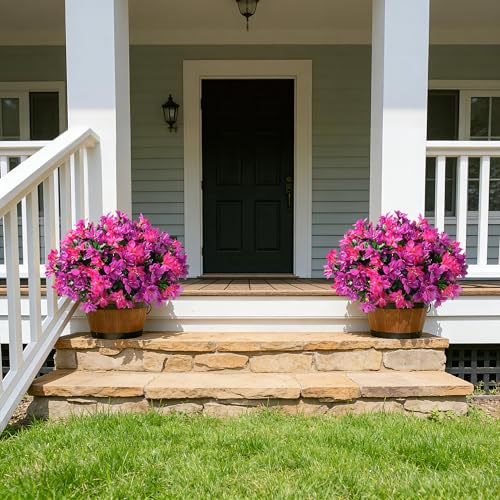 INSPRING Artificial Flowers Fake Plants for Outdoors Spring Summer Decoration, 3 Bundles Faux Silk Azalea UV Resistant Outdoor Flowers Realistic for Planters Outside Patio Porch Garden Home Decor, Mix - color: Fuchsia + Hotpink