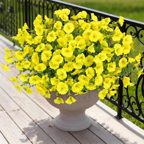Bassion Artificial Flowers for Outdoors, 20 Bundles Silk Fake Flowers UV Resistant Realistic Morning Glory Faux Eucalyptus Plants for Outside Planters Porch Window Box Garden Indoor Decor - color: Yellow