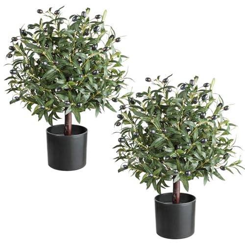 25" Tall Artificial Olive Topiary Ball Tree Set of 2 Pack, Olive Boxwood Topiary Ball Potted Bushes UV Resistant Potted Plants for Indoor Outdoor Home Garden - color: Green-2pcs
