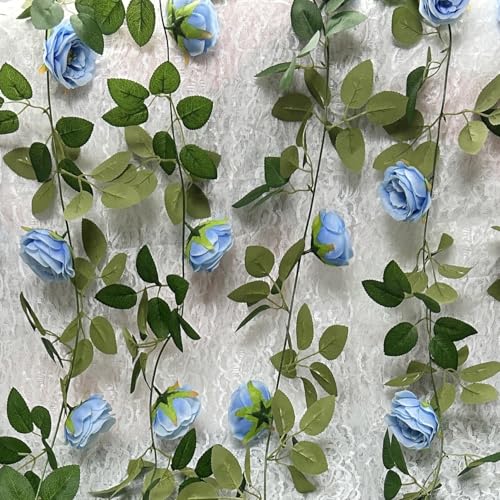 Flower Garland for Backdrop, Rose Garlands for Gecoration, 4Pcs Blue Hanging Flowers, Artificial Flower Vines Wedding Decor, Birthday Decorations, Arch Garden Ceremony Background Wall Decor (Blue) - color: Blue Rose