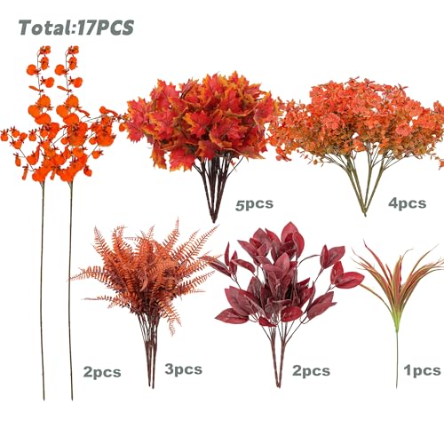 Green Moon 17PCS Artificial Fall Flowers Outdoors, Faux Orchids & Mums | UV Resistant Artificial Flowers for Outdoors Garden Patio Porch, Thanksgiving Autumn Decor Fall Decorations for Home - color: Orange Orchid