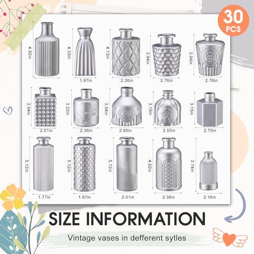 Yaomiao 30 Pcs Vases Bulk Colored Flower Glass Bud Vases Valentine Vintage Colored Glass Bottles Colorful Rustic Embossed for Home Wedding Table Decorations Gifts(Silver Series) - color: Silver Series