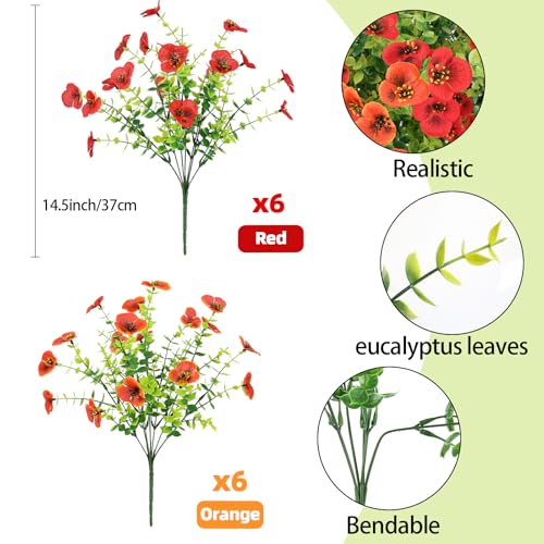 MACTING Fall Artificial Flowers for Outdoors 12 Bundles Fake Pansies UV Resistant Outdoor Faux Plants Plastic Greenery Shrubs for Planters Garden Patio Porch Balcony Outside Autumn Thanksgiving Decor - color: Orange&red, size: 12 PCS