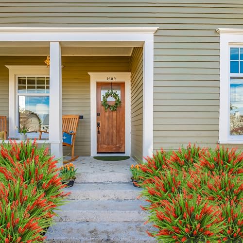 Sggvecsy 12 Bundles Artificial Plants Outdoor Faux Lavender Flowers Fake Monkey Grass UV Resistant Plastic Greenery Plants for Garden Home Porch Window Patio Hanging Planter Indoor Decor (Red) - color: Red, size: 12pcs