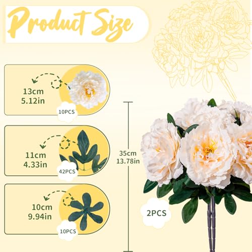 Light Champagne Premium Silk Artificial Peonies, 2 Bouquets (10 Large 5.12" Heads), 13.78" Tall Fake Floral Arrangements for Wedding Centerpieces, Home Decor & Indoor Vase Display - color: Light Champagnek