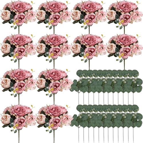 Peony Artificial Flowers, Faux Peonies Hydrangea Eucalyptus Bouquet 12 Packs Silk Vintage Realistic Peony Floral Arrangement for Wedding Centerpiece Table Vase Home Party Decor-Dusty Pink - color: Dusty Pink