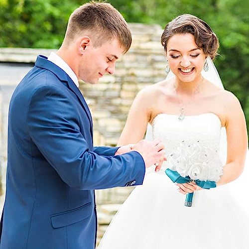 MOJUN Wedding Bouquets Crystal PE Roses Bridal Bridesmaid Wedding Hand Holding Bouquet Artificial Fake Flowers Toss Bouquet, Lake Blue - color: Lake Blue