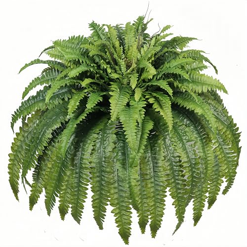 Artificial Ferns for Outdoors & Indoors, 50" Large Fake Ferns with Fruitlet & Vines, 98 Fronds Boston Fern Faux Plants Ideal for Planters Porch Garden Hall Home Decor, Hanging or Potted, UV Resistant - size: 95 fronds-1p