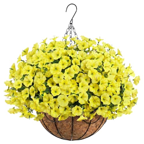 Artificial Hanging Flowers with Basket for Outdoors, UV Resistant Faux Silk Morning Glory with Eucalyptus Realistic Fake Hanging Plants for Spring Summer Outside Decor (Yellow) - color: Yellow