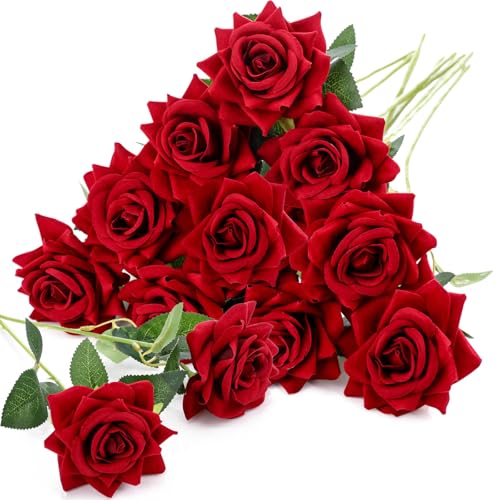 Zeyune 10 Pcs Velvet Red Fake Roses Artificial Flowers, and Real to Touch Rose Faux Long Stem Florals for DIY Wedding Centerpieces Party Home Decor