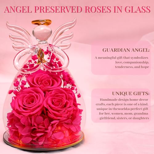 Beferr Gifts for Mom Birthday Gifts for Women, Fresh Flowers for Delivery Forever Preserved Rose in Glass Angel Figurine, Anniversary Christian Real Rose for Grandma Wife Mother from Daughter Son - color: I Rose Red