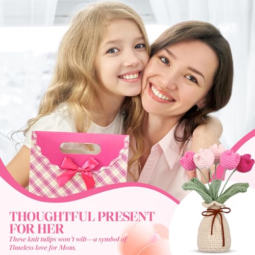 Marsui Crochet Knitting Tulip Bouquet with Vase 7" Knitted Artificial Forever Tulip Handmade Woven Flower with Exquisite Pot Gift for Father's Gifts Back to School Gift Family Home Desk Decor(Pink) - color: Pink, style: Tulip