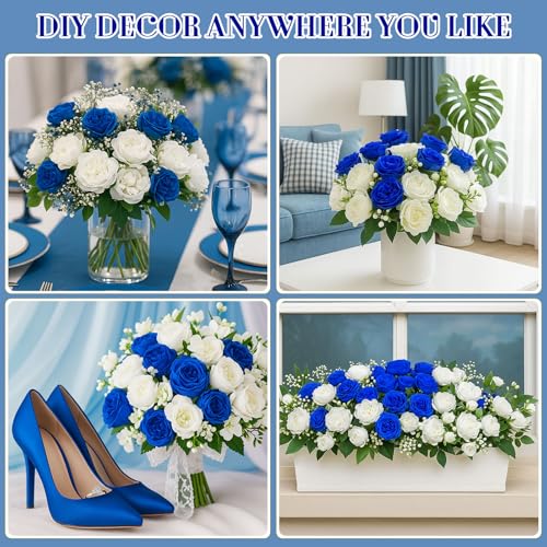 Geosar 8 Bundles Artificial Peonies Flowers Fake Silk Peony Bouquet Faux Peonies Flowers Bulk for Decoration Vase Floral Arrangements Wedding Party Table (Royal Blue,White) - color: Royal Blue, White
