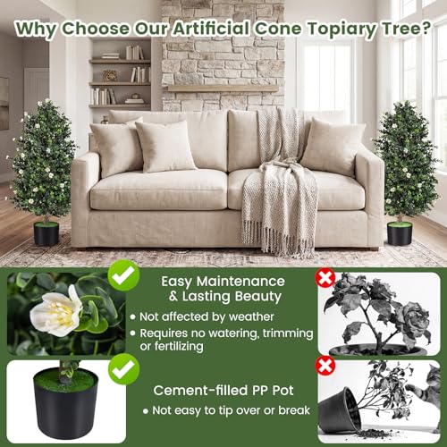 Goplus 2 Pack 36" Artificial Topiary Cone Tree, Faux Potted Shrub Plant w/49 Flowers, Cement-Filled Planter, Sun-Resistant Indoor Outdoor Evergreen Decoration for Home, Office, Front Porch (White) - color: White