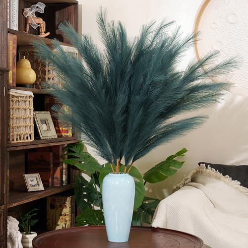 Premium Faux Dark Green Pampas Grass – 43.3" Tall Fluffy Decor, 8pcs 18-Branch One-Piece Stems No Assembly, Luxury Silk-Feel Feather Flowers for Boho Botanical Jungle Home Decor (Forest Green, 110cm) - color: Artificial - Dark Green, size: 8pcs 43.3"(110c