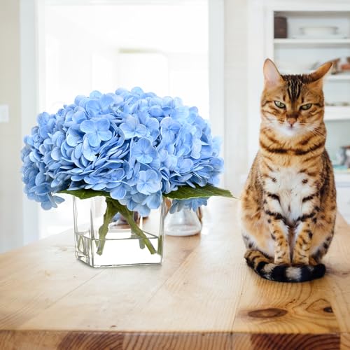 BLEUM CADE Luxury PU Fake Flowers in Vase with Faux Water, Blue Real Touch Hydrangea Artificial Flowers with Glass Vase for Office Home Dining Room Centerpiece Table Decorations - color: Hydrangea-blue