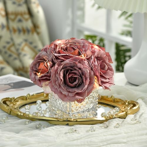 Artificial Rose in Glass Vase Vintage Silk Flower Arrangement with LED Light for Table Centerpiece Home Wedding Decoration (Plum Purple) - color: Plum Purple