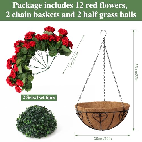 KHOYIME Artificial Hanging Flowers Plants Basket for Outdoors Indoor 2 Set Faux Silk Red Geraniums Fake Planters Realistic UV Resistant Spring Summer Home Outside Garden Porch Patio Balcony Yard Decor