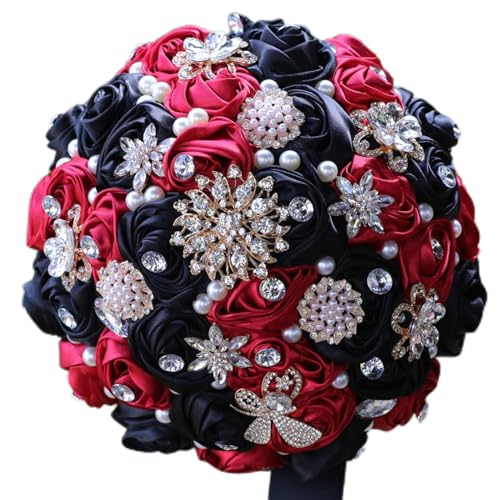 Premade Burgundy Black Wedding Bridal Bouquet Handmade with Gold Brooch Rhinestone Pearl for Bride Bridesmaid Quinceanera Satin Rose Flower Wedding Bouquet Black and Burgundy 7.5in - color: Burgundy & Black, size: Medium (DIA. 7.5"/19cm)