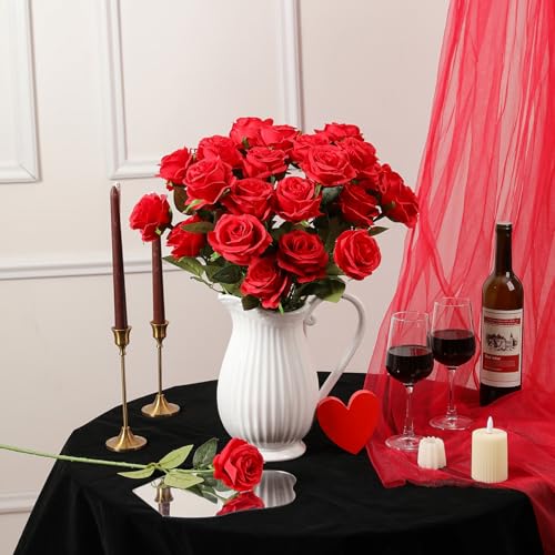 Nubry Artificial Silk Rose Flower Bouquet Lifelike Fake Rose for Wedding Home Party Decoration Event Gift 10pcs (Red) - color: Red