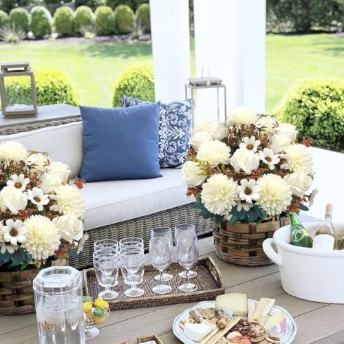 3 Pcs Fall Flowers Artificial Mums Silk Fake Mums Bouquet Faux Floral Arrangements Home Indoor Outdoor Planter Decor Party Wedding Table Autumn Decoration (White) - color: White