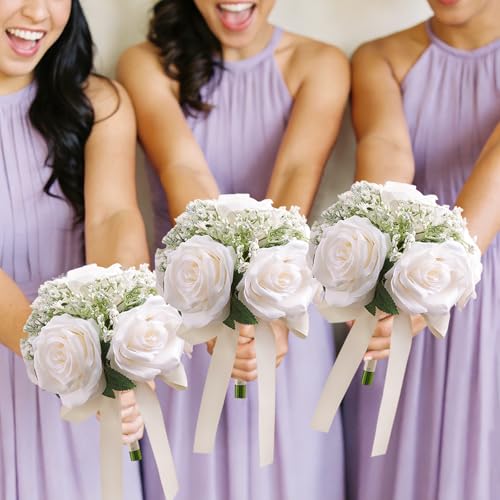 6.5 Inch Bridesmaid Bouquet Set of 6, Ivory Wedding Bouquets for Bridesmaids, Small Bridesmaid Bouquets for Wedding, Artificial Wedding Bouquet Flower, Floral Wedding Centerpieces - color: 6pcs Milk White Bouquets