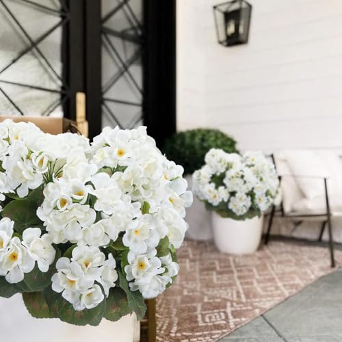4Pcs White Geraniums Artificial Flowers Realistic 14" Silk Artificial Geraniums for Outdoors Flower UV Resistant Fake Flowers for Planters for Garden Porch Patio Balcony Cemetery Decor - color: White