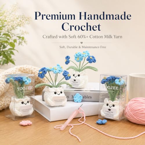 YOOJEE Handmade Crochet Forget Me Not Flower Pot Sympathy Gifts for Loss | Grief Support Gift, PET gift box, Meaningful Blue Forget Me Not Flower, Memorial Gift, Home & Desk Decor Gift Idea - color: E-Sympathy-Blue