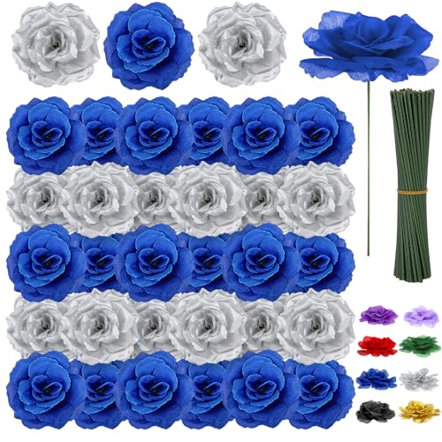 LELEE 108pcs Roses Head Flowers with Stem, Royal Blue and Silver Artificial Flowers Rose Bulk, Silk Rose Fake Flower for Baby Shower, Birthday, Graduation, Retirement, Anniversary Party Decorations - color: Silver-blue