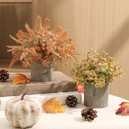 3 Pack Mini Orange Fake Potted Plants Artificial Plastic Eucalyptus Plants Fall Decor for Home, Office, Desk, Bathroom, Coffee Table & Shelf - color: Orange