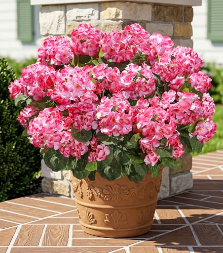 Fake Geraniums Artificial Flowers for Outdoors Outside, 6 Bundles Pink Silk Geraniums Fake Flowers Plants UV Resistant Realistic Faux Flowers for Outdoor Planters Garden Balcony Yard Porch Indoor - color: Pink