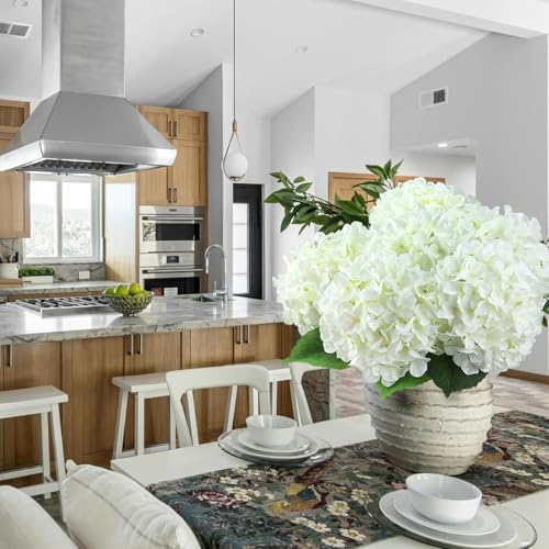 6PCS White Large Silk Hydrangea Flowers, 20 in Full Faux Hydrangea Artificial Flowers with Stems Leaves for Fake Lifelike Spring Bouquets Wedding Party Table Centerpieces Indoor (White) - color: White
