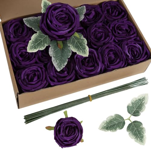 INSUNSIX Artificial Roses,16PCS Purple Flowers 2.76" Austin Silk Roses Artificial Flowers Bulk for Wedding Bouquets Party Home Decor(Purple) - color: Purple