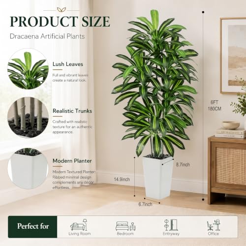 Artificial Dracaena Tree - 6FT Tall Fake Plants with White Tall Planter - Artificial Plants Indoor Floor Plant in Pot - Large Tropical Fake Yucca Potted Tree for Home Office Living Room Decor - color: White, size: 6 FT