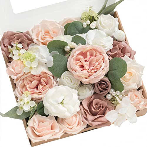 Ling's moment Fake Flowers Box, Faux Artificial Greenery Stems Foam Roses Gardenia Silk Ranunculus Peony Fabic Flower for Centerpieces Bouquet Wedding Vase, Dusty Rose & Pale Peach, Grand Combo - color: Pk-dusty Rose & Pale Peach, size: Grand