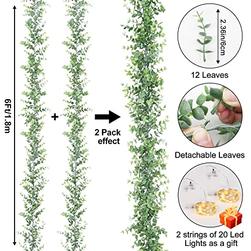 Dolicer 2 Packs Eucalyptus Garland with LED Lights String, 12Ft Faux Eucalyptus Greenery Garland, Artificial Hanging Green Eucalyptus Leaves Vine Wedding Backdrop Arch Wall Table Decor (Grey Green) - color: Grey Green With Light, size: 2 Packs