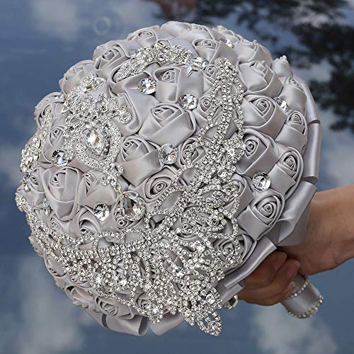 Handmade Luxury Wedding Bridal Bouquet Large Silk Rose Holding Toss Artificial Flowers Bouquets with Satin Ribbon Pearls Rhinestone for Bride Vintage Royal Wedding Bouquet (Silver) - color: Silver