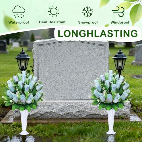 Artificial Cemetery Flowers for Grave,2Pack Memorial Roses Bouquets with Vase for Grave Tombstone Decorations(Blue) - color: Blue