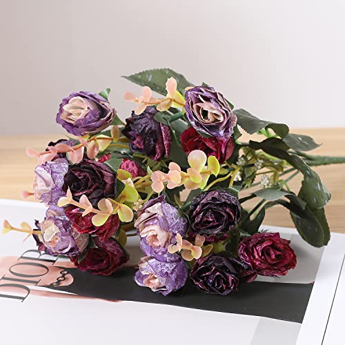 Duovlo 7 Branch 21 Mini Rose Heads Artificial Flowers Bouquet Wedding Home Office Decor,Pack of 2 (2 PCS Purple) - color: 2 Pcs Purple