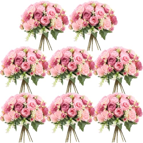 Geosar 8 Bundles Artificial Peonies Flowers Fake Silk Peony Bouquet Faux Peonies Flowers Bulk for Decoration Vase Floral Arrangements Wedding Party Table (Russet Red,Light Pink) - color: Russet Red, Light Pink