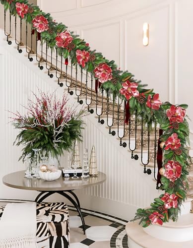 Briful 5FT Christmas Magnolia Flower Garland with Pine Cones Berries Artificial Silk Floral Vine Faux Flower Garland for Xmas Backdrop Table Wall Wedding Party Home Decor - color: Magnolia Galand