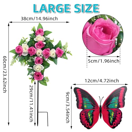 Artificial Cemetery Flowers,Set of 2 Faux Floral Cross,Artificial Rose Bouquet Decoration for Cemetery Headstones Gravesites,Silk Flowers for Long-Lasting Remembrance (Pink) - color: Pink