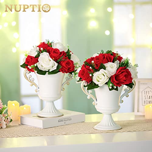 NUPTIO Pcs of 6 Fake Flower Ball Arrangement Bouquet,15 Heads Plastic Roses with Base, Suitable for Our Store's Wedding Centerpiece Flower Rack for Parties Valentine's Day Home Décor (Red & White) | 6 Pcs Artificial Flower Arrangements for Wedding Party C