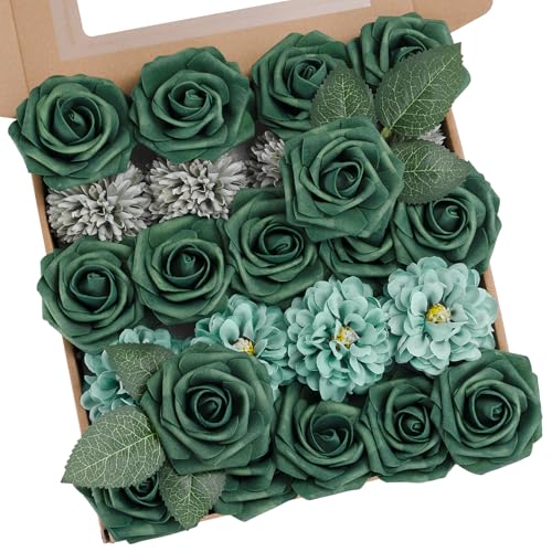 BSMYBO 23pcs Green Flower Artificial Roses Faux Flowers with Stems Mix Fake Roses Dahlia Chrysanthemum Ball for Wedding Bridal Bouquets, Table Centerpieces, Baby Shower, Party, Home Decorations - color: Dark Green, size: PureBlooms