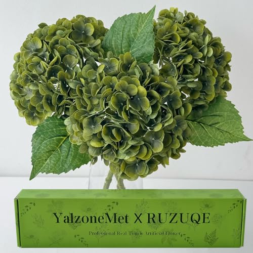 YalzoneMet 3 PCS Vintage Dark Green Hydrangea Artificial Flowers 21 inches Real Touch Faux Latex Hydrangea Flowers for Fall Tables Centerpieces Fake Flowers for Party Home Kitchen Boho Decor - color: Dark Green